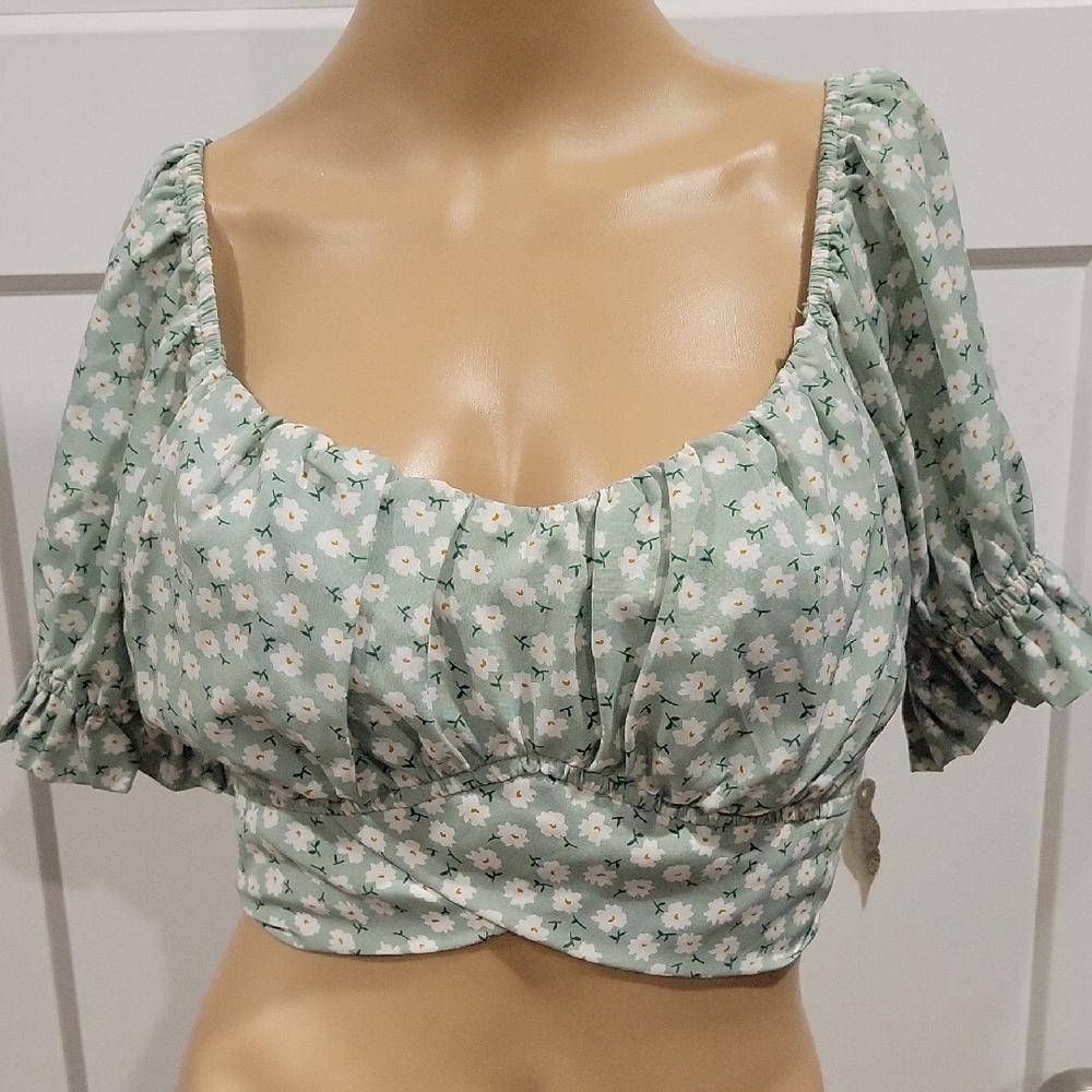 Altar'd State Sage Green Floral Puff-Sleeve Tie-Back Crop Top